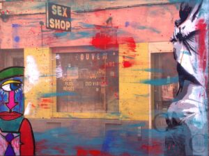 Éric Doisy : Sex shop. Technique mixte sur bois. 60X80 cm