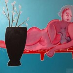 Nu rose au chat bleu. Huile sur toile (2022). 100X100 cm. Nu rose au chat bleu. Huile sur toile (2022). 100X100 cm.